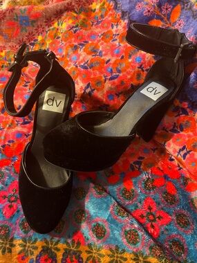 DV by Dolce Vita Black Velvet Ankle-Strap Block Heels